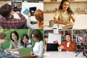 Students and educators from various locations, collaborating online via web conference
